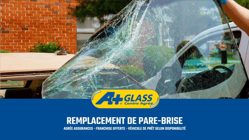 Pare-brise fortement fissuré en cours de remplacement