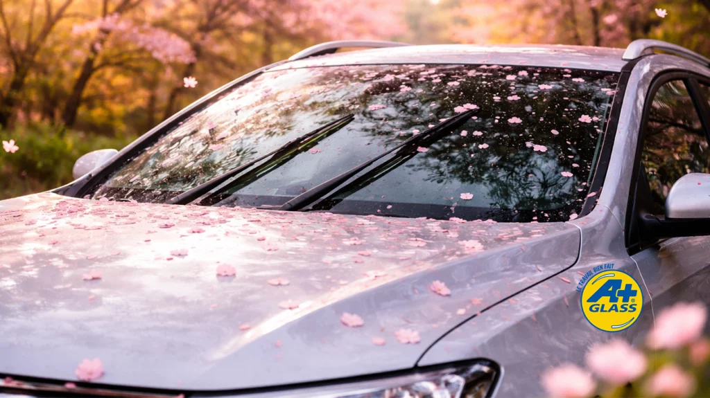 pare-brise voiture printemps Cosne-Cours-sur-Loire pétales fleurs entretien visibilité